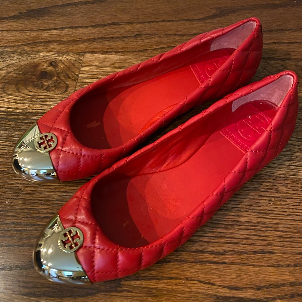 New Tory Burch Red Ballet Flats Gold Caps 7.5